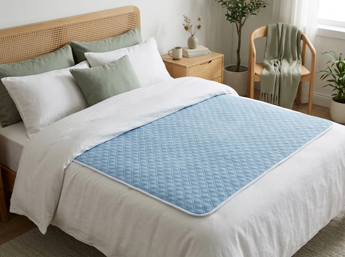 A quilted bed protector on a made bed