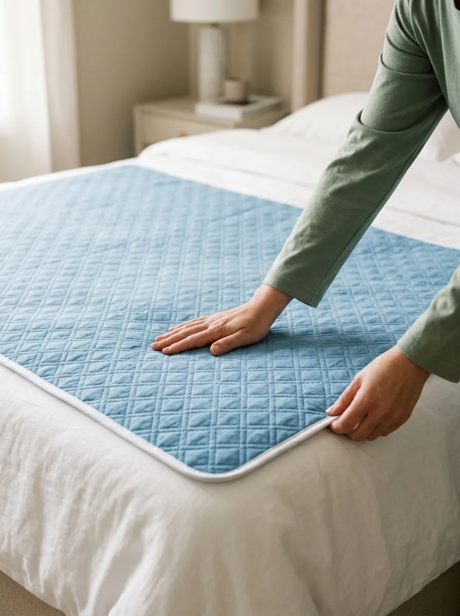 A caregiver smoothing a bed protector over a made bed
