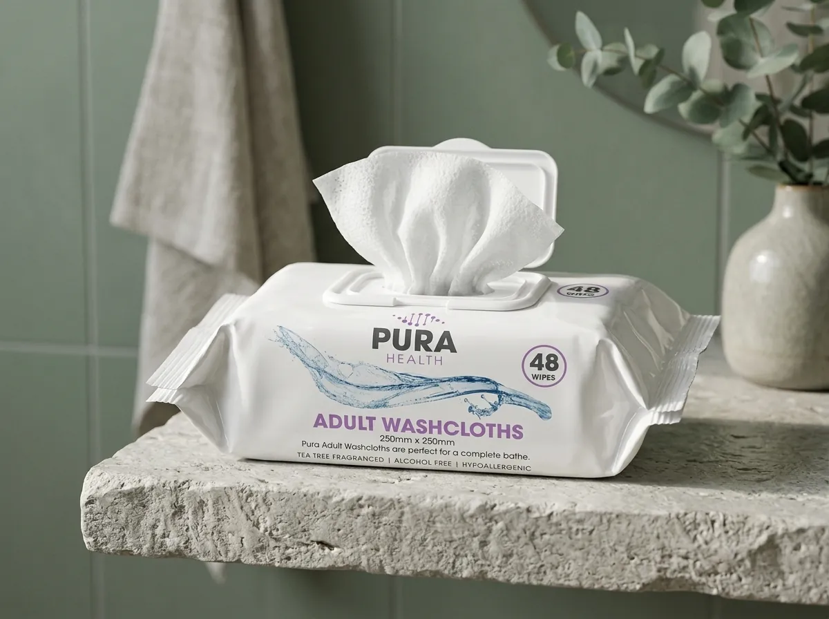 A pack of adult wipes on a stone shelf