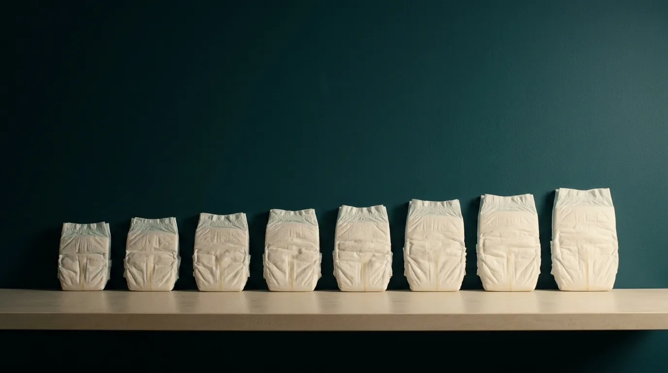 Baby nappies lined up from smallest to largest on a shelf