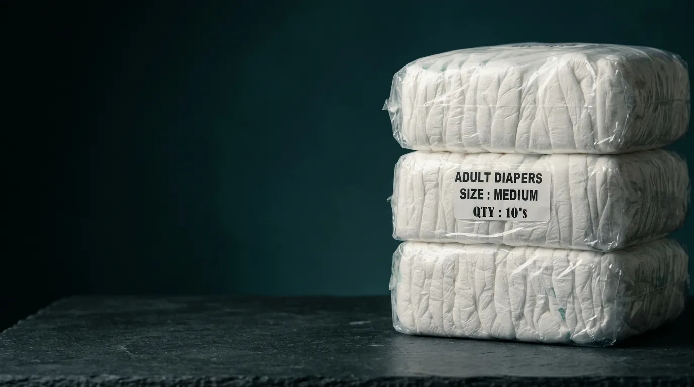Clear-pack adult nappies stacked on a stone surface