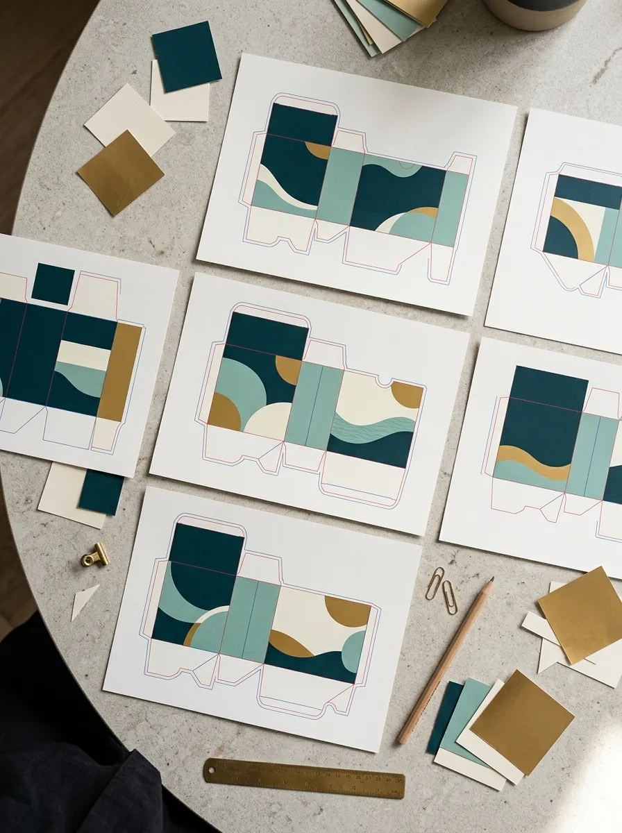 Packaging design proofs and colour swatches